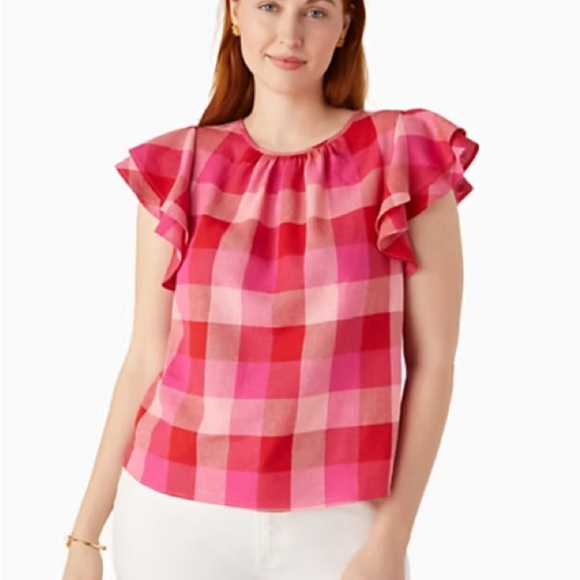Kate Spade Picnic Woven Flutter-sleeve Top Pink Red Ruffle Short Sleeve Blouse - Picture 1 of 4